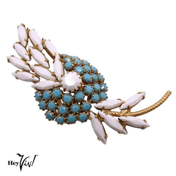 Vintage Statement Pin Brooch Prong Set Faceted White and Turquoise 3" - Hey Viv - Picture 1 of 6